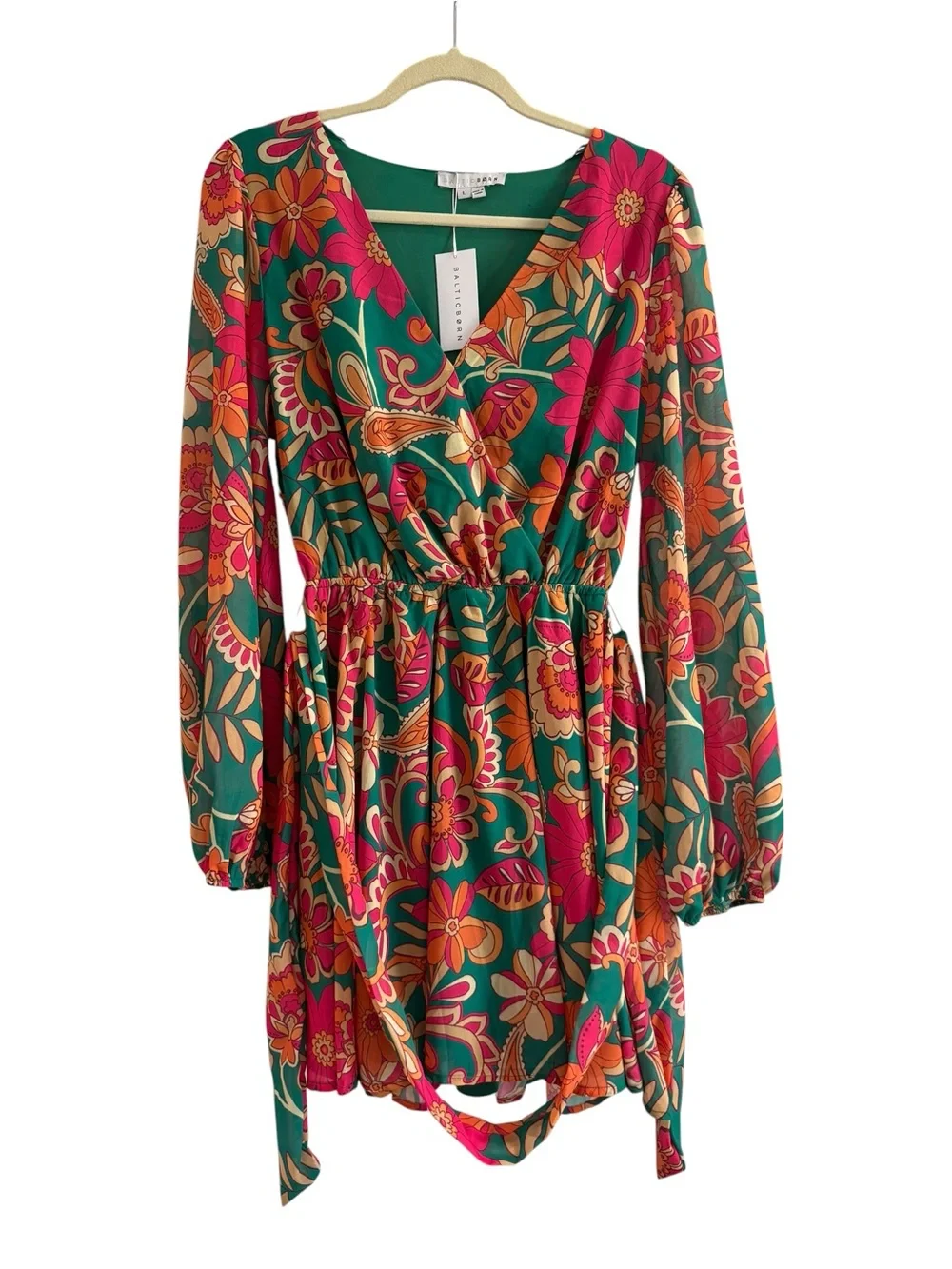 Baltic Born Floral Mini Dress Long Sleeve Tie Waist Women’s Size L NWT - Picture 1 of 4